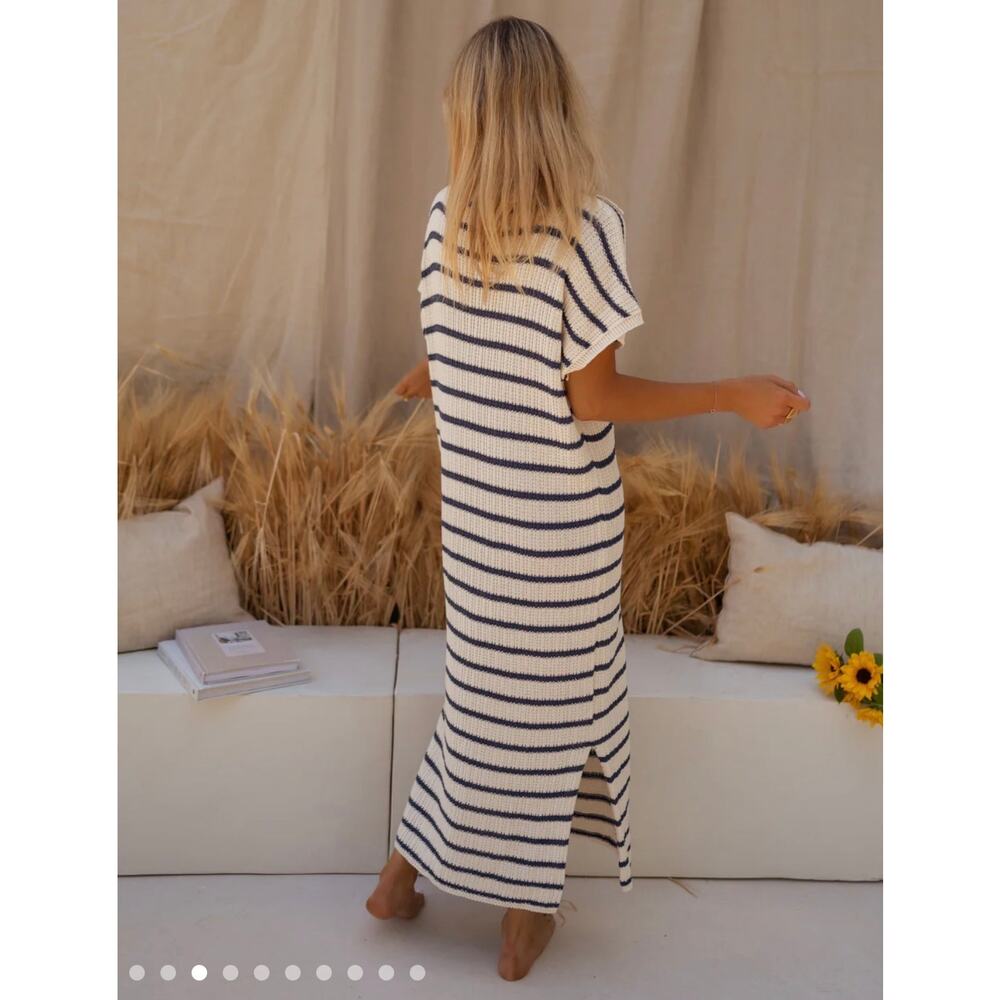 Easy Clothes 100% Cotton Cream Navy Striped Knit Maxi Dress Size OS - Picture 2 of 9